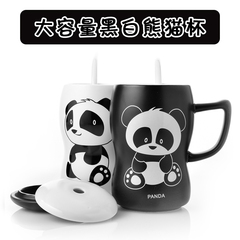 千易创意卡通熊猫马克杯陶瓷杯带盖吸管大容量牛奶杯情侣喝水杯子