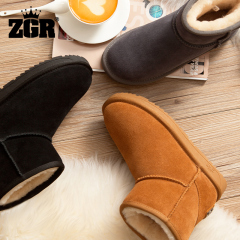 ZGR冬季新款羊皮毛一体短筒雪地靴女短靴防水防滑雪地鞋真皮女靴