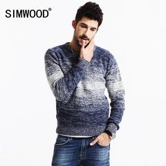 Simwood简木男装冬装混羊毛微弹修身条纹撞色针织衫圆领套头毛衣