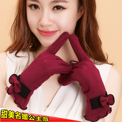 女士韩秋冬季保暖电容屏手套可爱蝴蝶结骑车开车时尚触屏手套