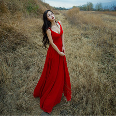 性感V领吊带露背度假长裙红色复古文艺修身连衣裙开叉大摆雪纺裙