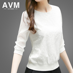 韩版雪纺衫女2017春新款白色七分袖修身显瘦圆领女士上衣打底衫潮
