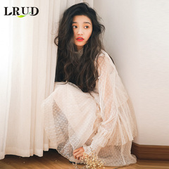 LRUD2017春装女装新款韩版波点长袖网纱打底裙女宽松中长款连衣裙