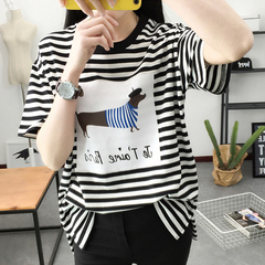 韩版夏季大码宽松卡通印花条纹短袖T恤女装学生上衣女衫潮打底衫