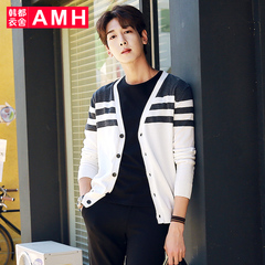 AMH男装韩版2016秋季新款修身青年纯棉条纹针织衫潮男开衫外套