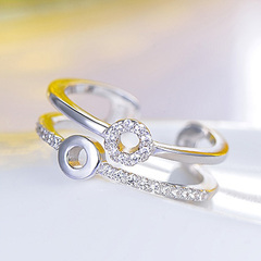 伊洛传芳 韩版时尚指环925银镶钻双圆女戒指活口可调节