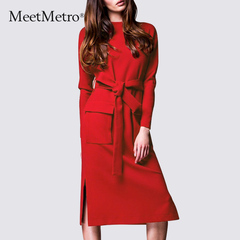 MeetMetro2016秋冬季新款女士时尚气质长袖收腰红色连衣裙中长款