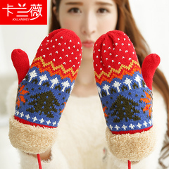 圣诞保暖全指秋冬季加厚绒女韩版潮冬天学生骑车可爱针织毛线手套