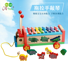 木制玩具拖拉小狗敲琴车八音阶钢琴储钱罐幼儿童启蒙乐器音乐1-3