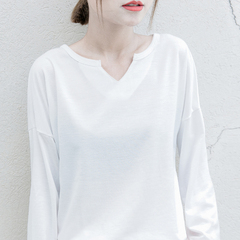 秋季新款韩版女装宽松大码上衣时尚V领纯色学生长袖T恤女生打底衫