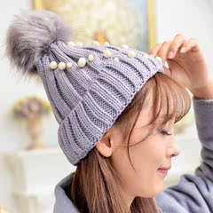 韩版毛球新款秋冬针织毛线帽女钉珠帽潮流可爱帽卷边冬款加厚保暖