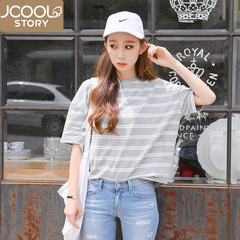 韩国夏季新款横条纹半袖韩版短袖T恤女宽松学生半截五分中袖上衣