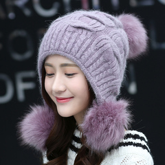 韩版新款兔毛帽子女冬天毛线帽纯色韩国青年护耳帽冬季保暖针织帽