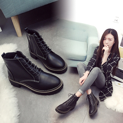 韩版秋季中跟厚底马丁靴女英伦风 2016新款系带粗跟短靴子女棉靴