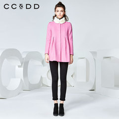 CCDD2016冬装新款专柜正品女保暖毛领羊毛呢大衣修身显瘦粉红外套