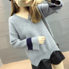 2016女装秋新款韩版大码显瘦喇叭袖上衣套头针织衫条纹毛衣女长袖