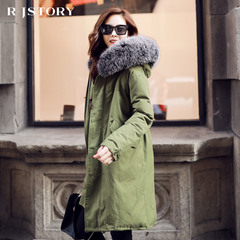 热嘉2016冬装新款女装韩版中长款加厚大毛领羽绒服军绿保暖外套潮