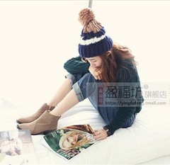 新款韩国毛绒球球时尚男女针织帽潮女拼色毛线帽秋冬户外保暖帽子