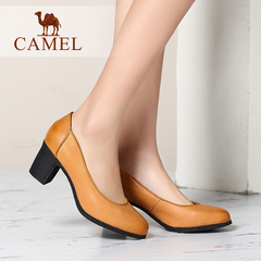 Camel/骆驼女鞋 2016春鞋 通勤简约 打蜡羊皮圆头高跟OL单鞋