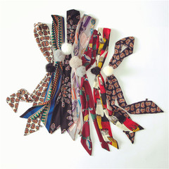 韩国新款秋季女飘带装饰丝巾加长领巾腰带包包领带印花围巾送毛球