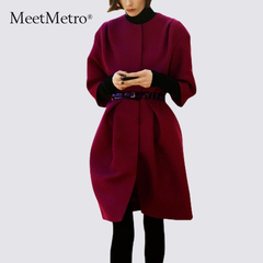 MeetMetro2015秋冬新款欧美女装毛呢外套收腰显瘦羊毛呢子大衣