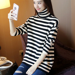 冬季韩版新款高领中长款黑白条纹毛衣女套头百搭宽松打底针织衫