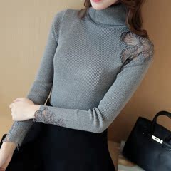 时尚秋冬新款韩版女装高领肩膀蕾丝拼接性感修身弹力套头打底毛衣