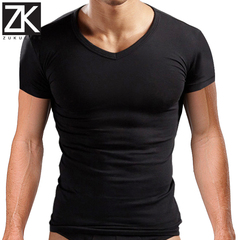 ZK男士T恤短袖V领半袖背心修身吸汗打底衫有加肥加大码包邮