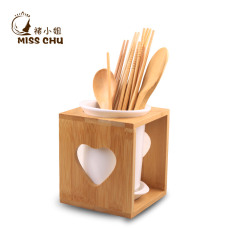 MISS CHU简约竹木架筷子筒加厚防霉沥水筷子盒陶瓷筷子筒骨瓷套装