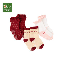 拉比童装 男女童新生婴儿童宝宝袜子 防滑透气 花边袜3双