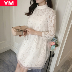 品牌女装2017春装新款韩版修身中长款钉珠蕾丝两件套套装连衣裙潮