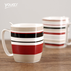 youcci悠瓷 创意彩色条纹陶瓷杯子 家用水杯咖啡杯个性马克杯带勺