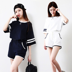 夏季韩版短袖条纹T恤两件套学生运动套装学院风简约休闲时尚女装