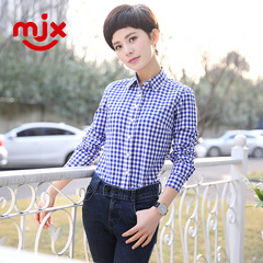 MJX2016春装新品新款长袖女士格子全棉衬衫 女装 休闲格子衬衣