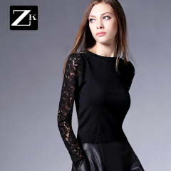 ZK蕾丝拼接毛衣女套头韩版修身针织打底衫圆领长袖黑线衣2016新款