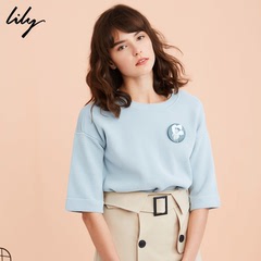 Lily2017春新款女装舒适全棉圆领套头衫中袖毛针织衫117119B8907