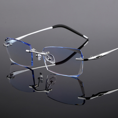 配近视眼镜男无框纯钛眼镜镶钻石切边防蓝光眼镜架成品渐变色眼镜
