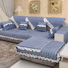 蓝色格子田园绗缝布艺 组合沙发垫防滑沙发套坐垫靠垫套抱枕套