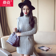高领毛衣裙女士秋冬季外套中长款长袖打底衫韩版潮修身波纹毛衣女