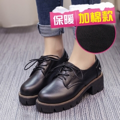韩版学院风系带加绒保暖学生小皮鞋新款粗跟单鞋系带百搭女鞋子潮