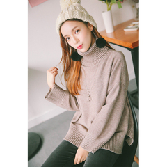 2016冬季新款韩版宽松针织衫高领学生纯色套头毛衣女装加厚打底衫