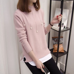 韩版纯色打底衫半高领冬季新款拼接假两件长袖毛衣宽松套头针织衫