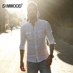 Simwood简木男装2017春季新款双口袋长袖修身衬衣立领亚麻衬衫男