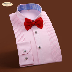 柒鲨新郎男士结婚礼服衬衫男长袖粉红色伴郎团男款领结修身白衬衣