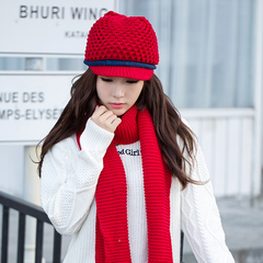 冬季帽子女士韩版潮保暖鸭舌毛线帽护耳针织帽加绒加厚帽围巾套装