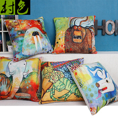 卡通大象抱枕猫咪创意动漫靠枕可爱彩色手绘动物棉麻抱枕沙发靠枕