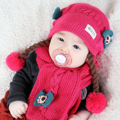 婴儿帽子秋冬6-12个月1-2岁女童公主宝宝帽围巾两件套儿童假发帽