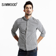 simwood简木男装秋冬男士休闲做旧方领修身格子长袖衬衫一字袋