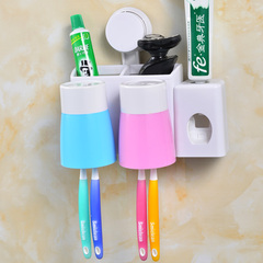 etravel/易旅吸壁式牙刷架漱口杯洗漱套装壁挂吸盘带自动挤牙膏器