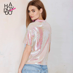 Haoduoyi粉色亮片短袖t恤女欧货 欧洲站宽松圆领体恤上衣潮夏季